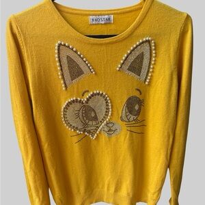 Yellow‎ Pearl Cat Face Sweater YAOSTAR Rhinestone Embellished Cute Graphic SZ M